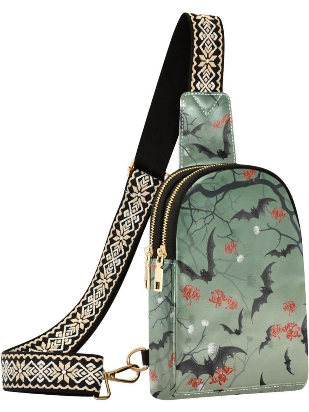 〽️Women's Green Bat Flowers Leather Shoulder Chest Sling Pack Hiking Travel Bag